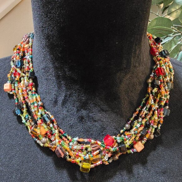 Women\'s Glass Seed Bead Multi Twelve Strand Braided Necklace with Lobster Clasp main image 1